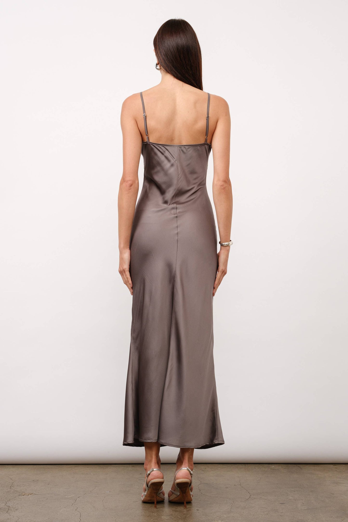 Zaria Embroidery Satin Slip Dress - Charcoal