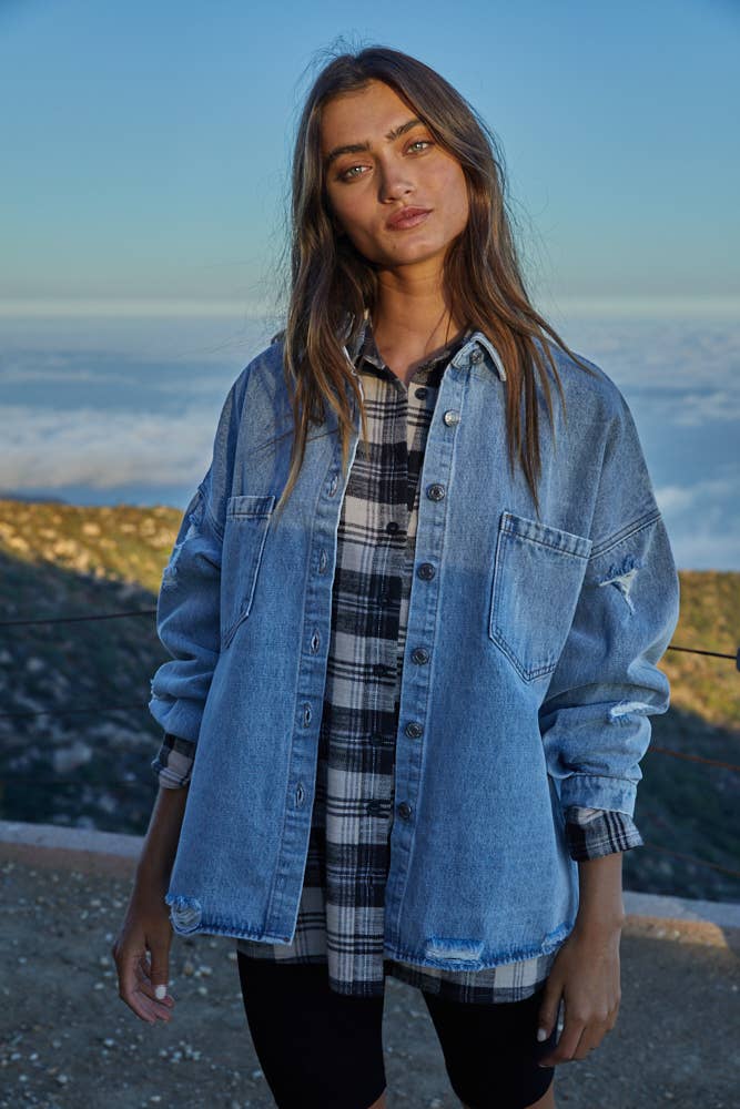 Washed Denim Ripped Button Down Jacket