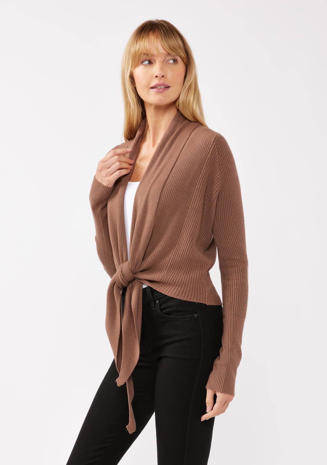 Waffle Knit Long Sleeve Tie Front Cardigan
