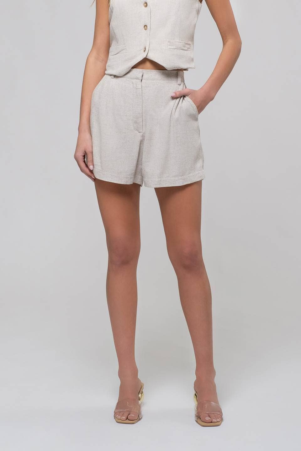 LINEN HIGH ELASTIC WAIST CHINO SHORTS
