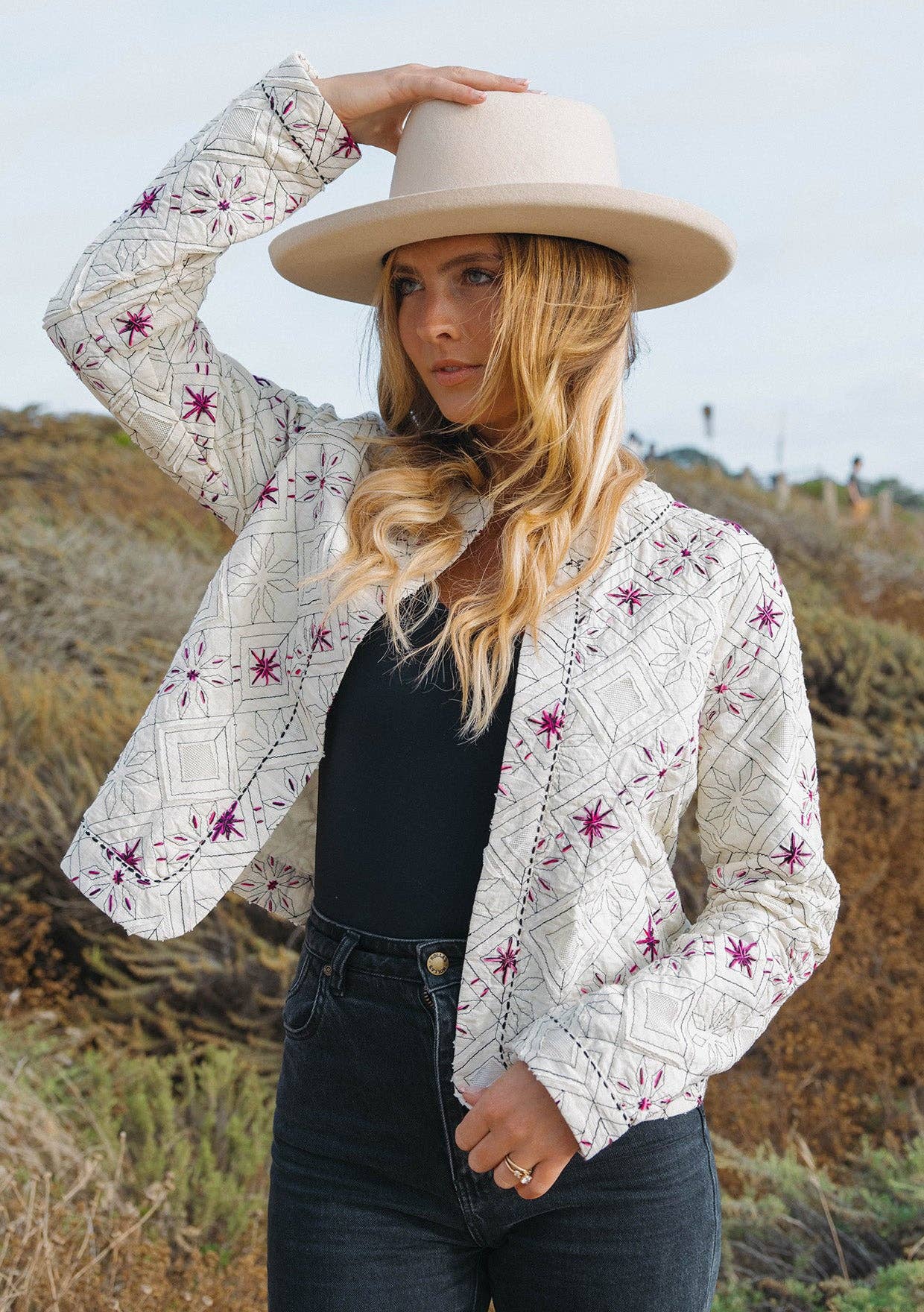 Cotton Embroidered Open Front Woven Jacket