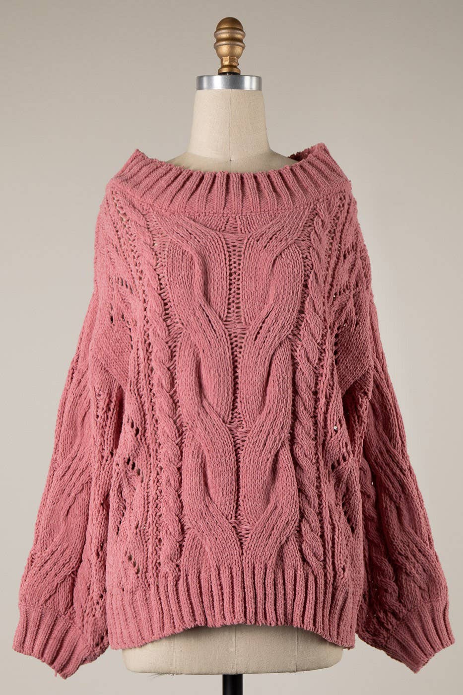 Boat Neck Braid Cable Knit Chenille Tunic Sweater