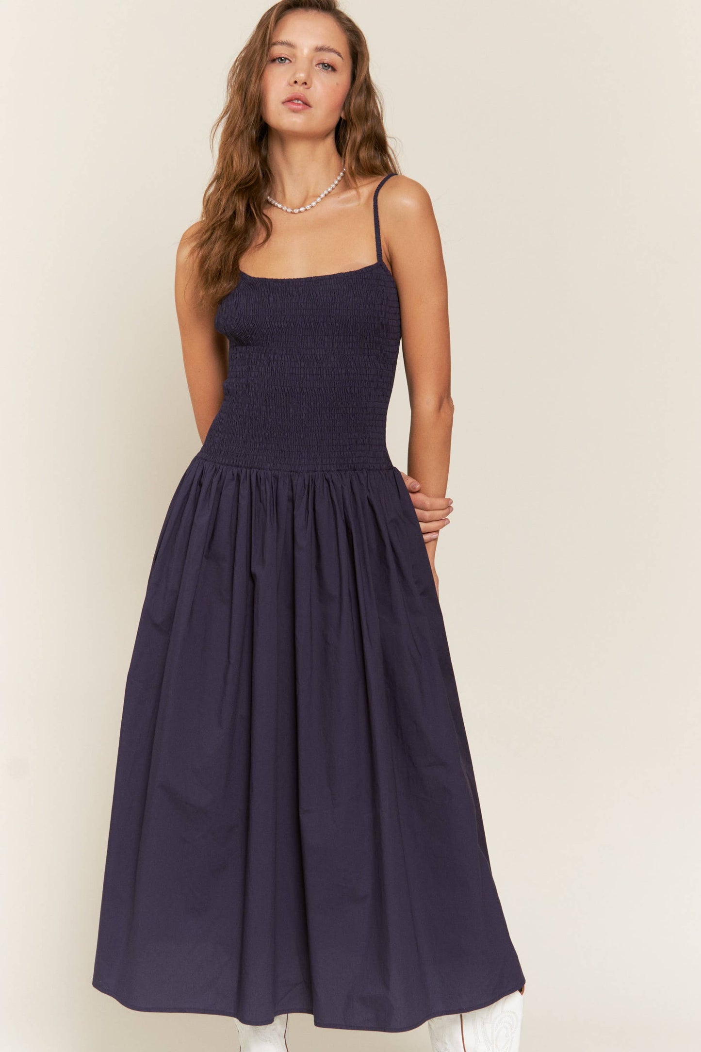 Smocked Boho Navy Midi-Dress