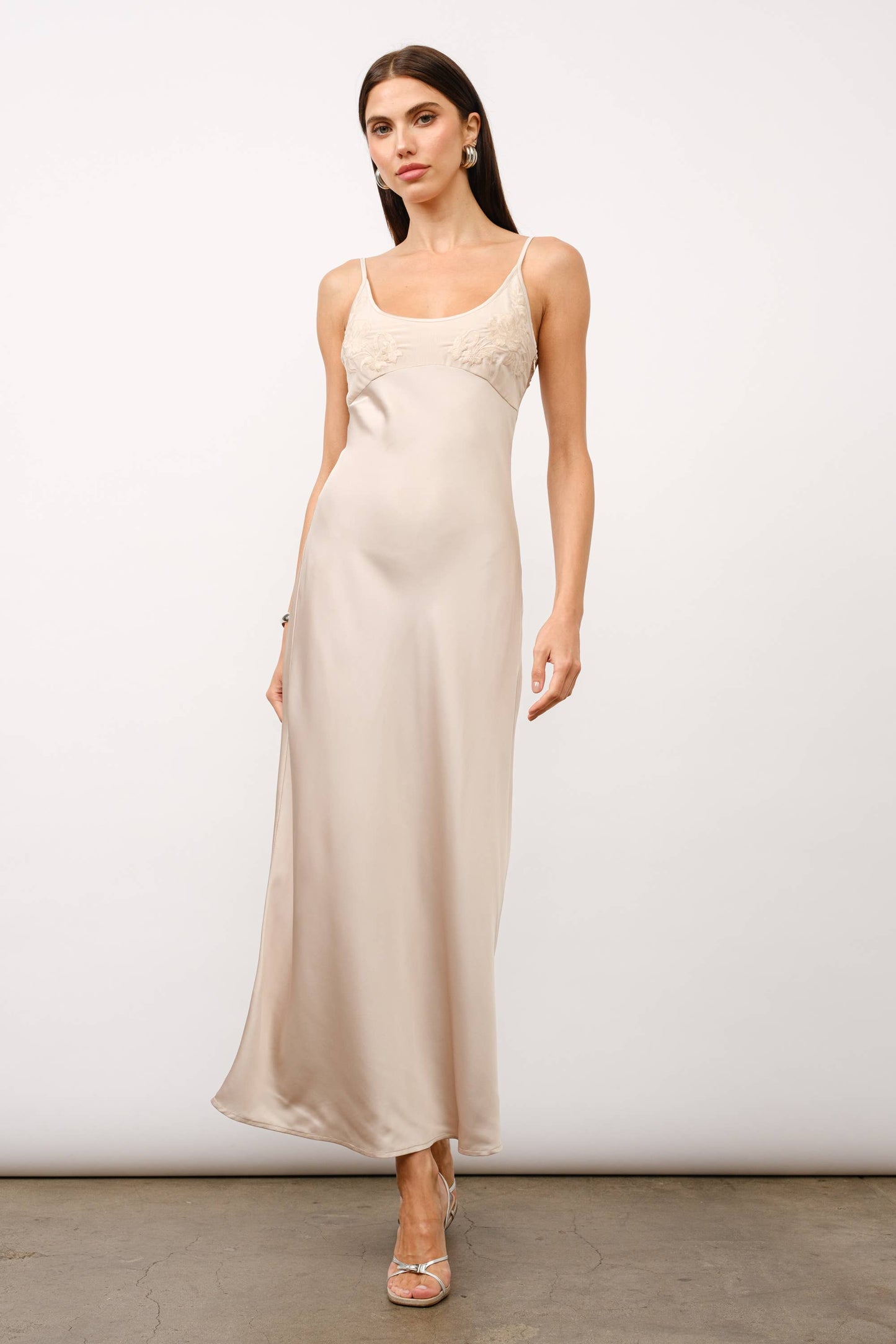 Zaria Embroidery Satin Slip Dress - Ivory