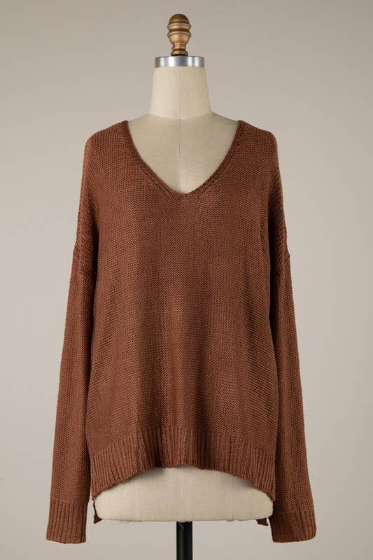 V Neck Ribbed Trim Cable Knit Light Sweater