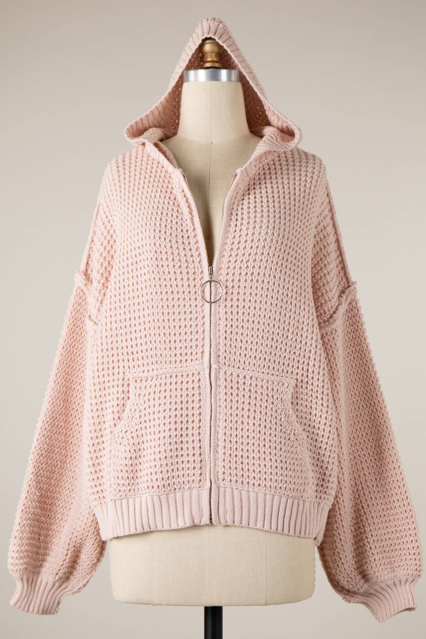 ZIP UP CABLE KNIT HOODIE SWEATER TOP CARDIGAN