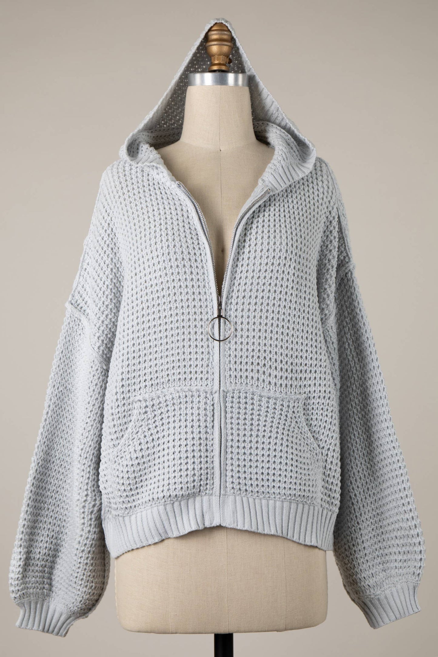ZIP UP CABLE KNIT HOODIE SWEATER TOP CARDIGAN