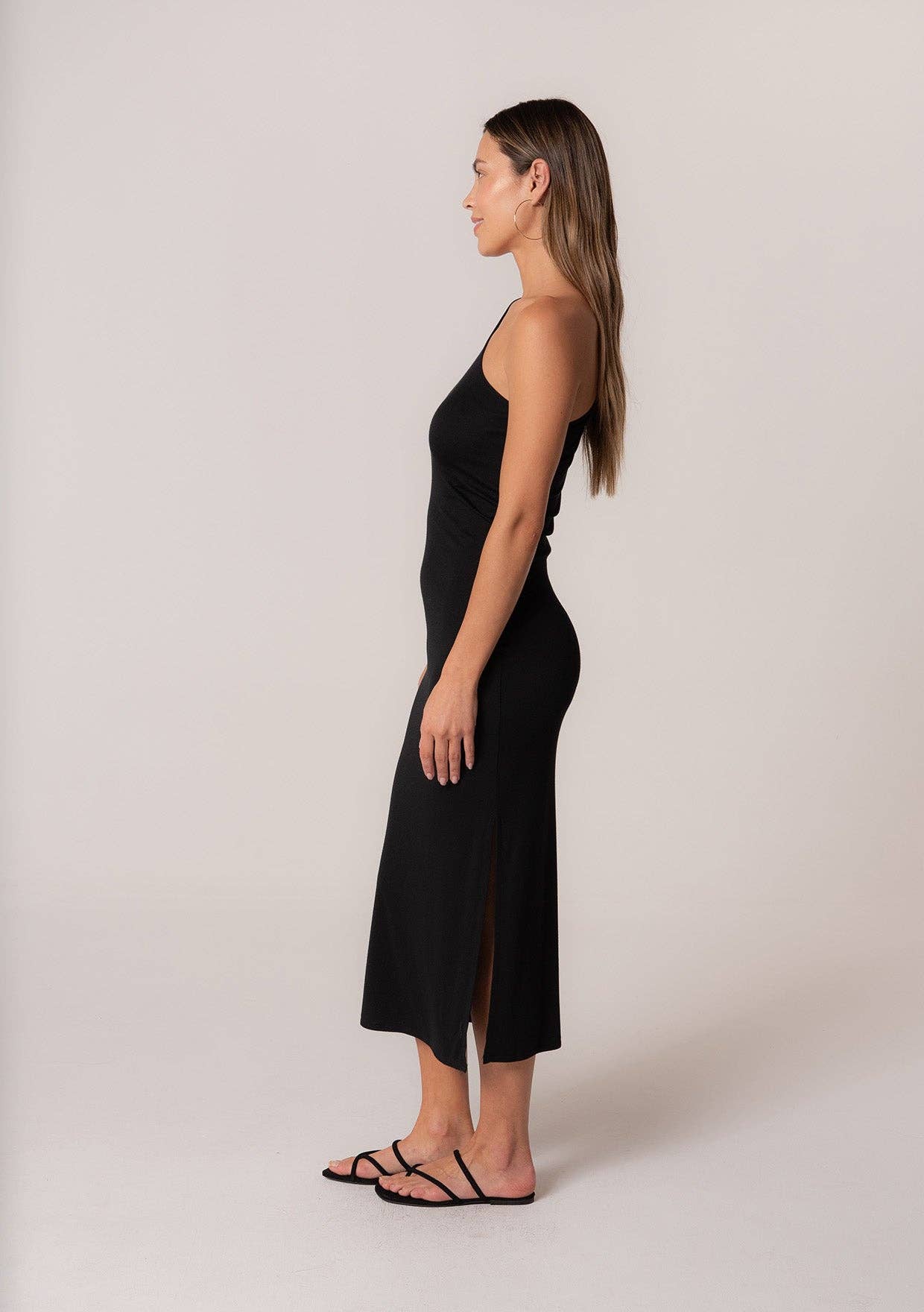 Black One Shoulder Cut-Out Casual Midi Dress