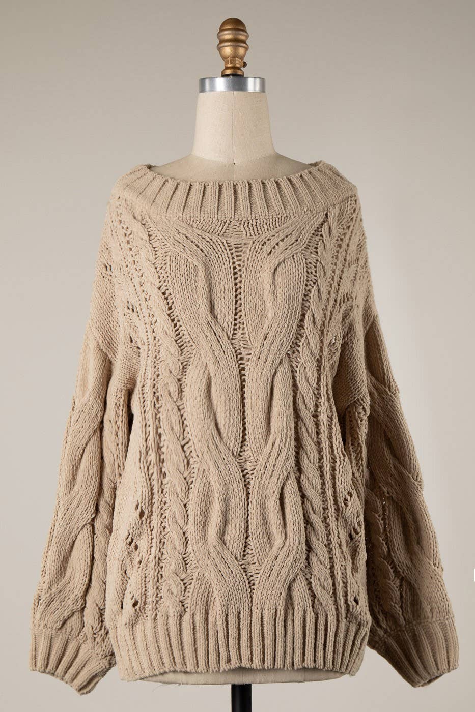 Boat Neck Braid Cable Knit Chenille Tunic Sweater