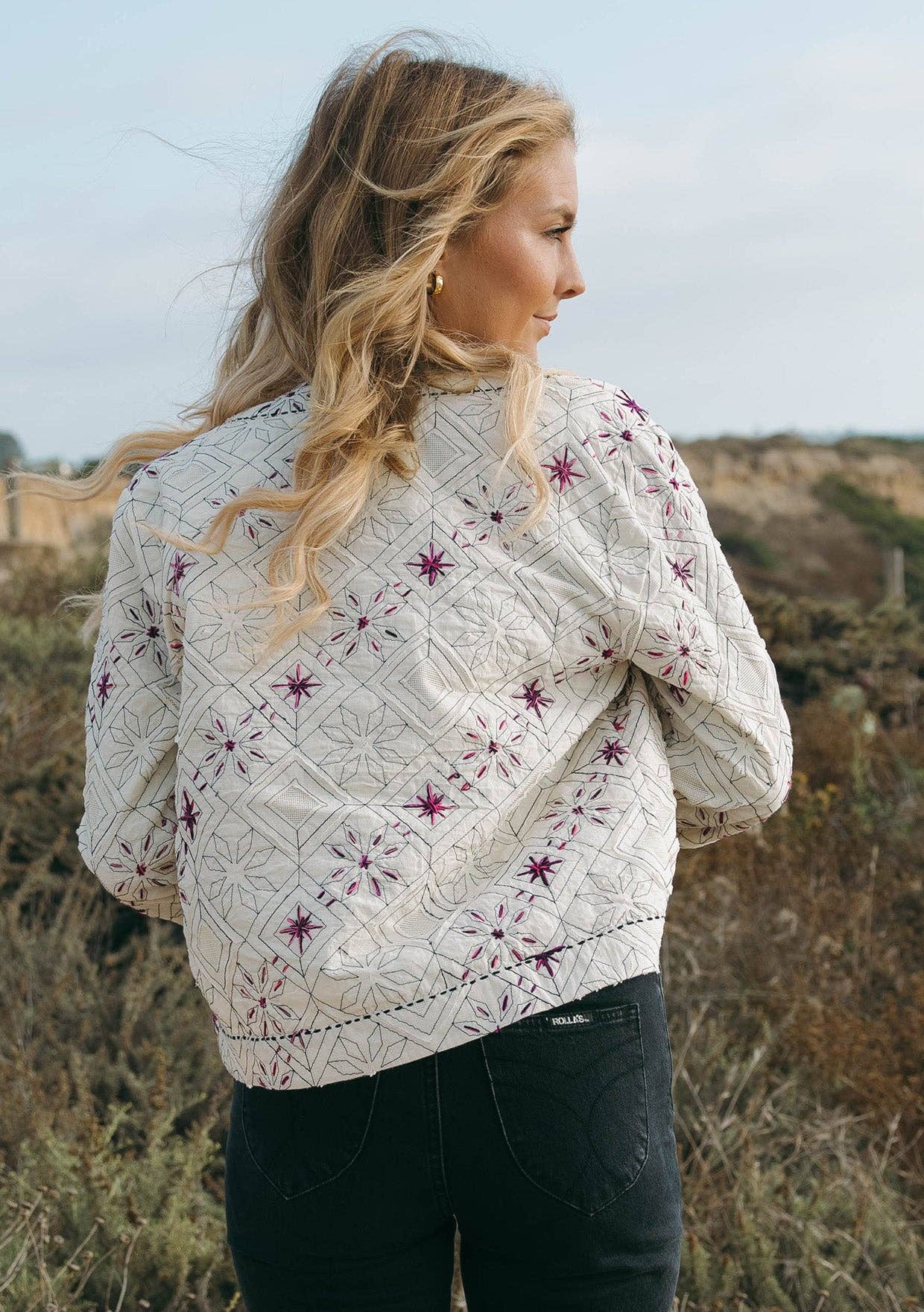 Cotton Embroidered Open Front Woven Jacket