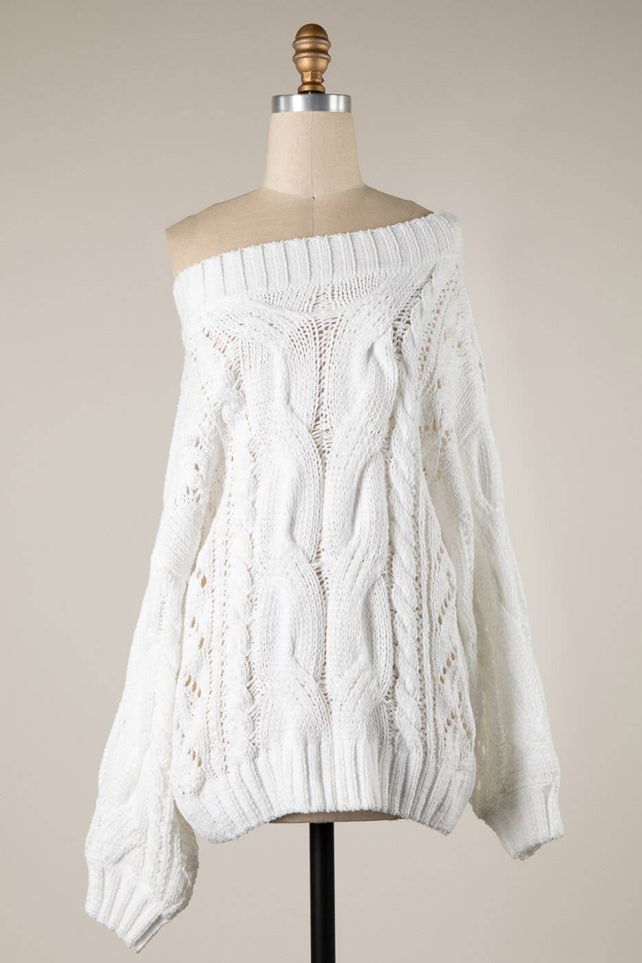Boat Neck Braid Cable Knit Chenille Tunic Sweater