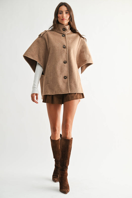 WOOL-BLEND BUTTONED CAPE JACKET