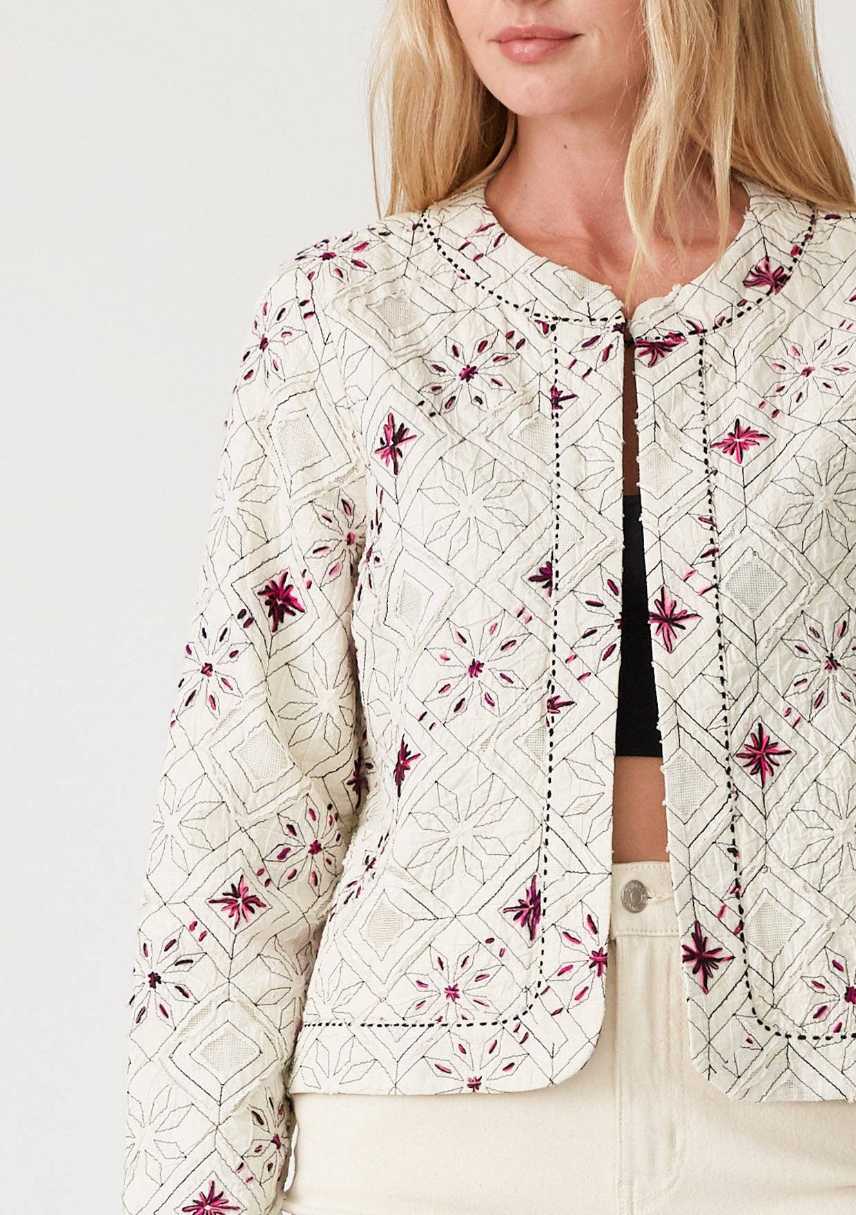 Cotton Embroidered Open Front Woven Jacket