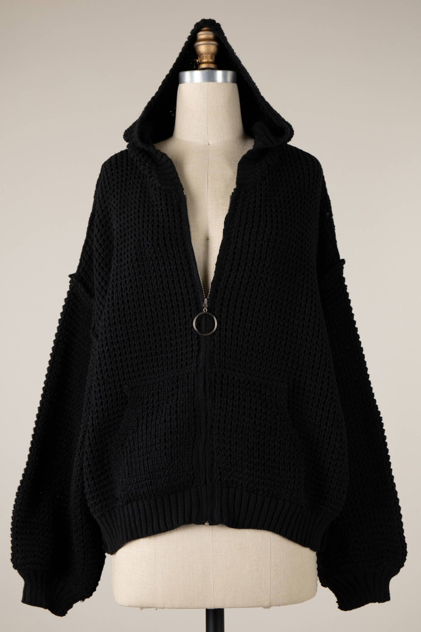ZIP UP CABLE KNIT HOODIE SWEATER TOP CARDIGAN
