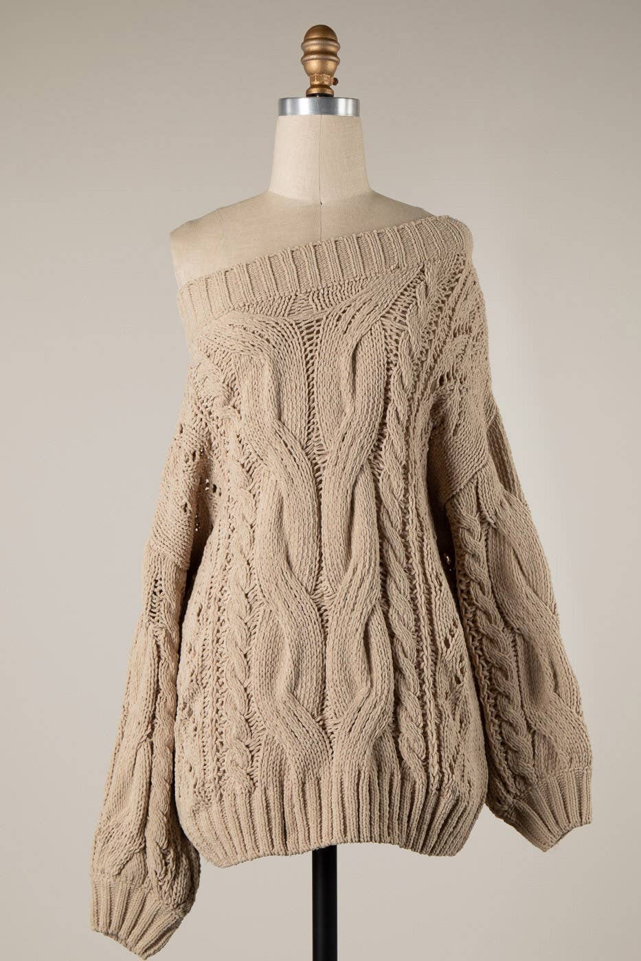 Boat Neck Braid Cable Knit Chenille Tunic Sweater