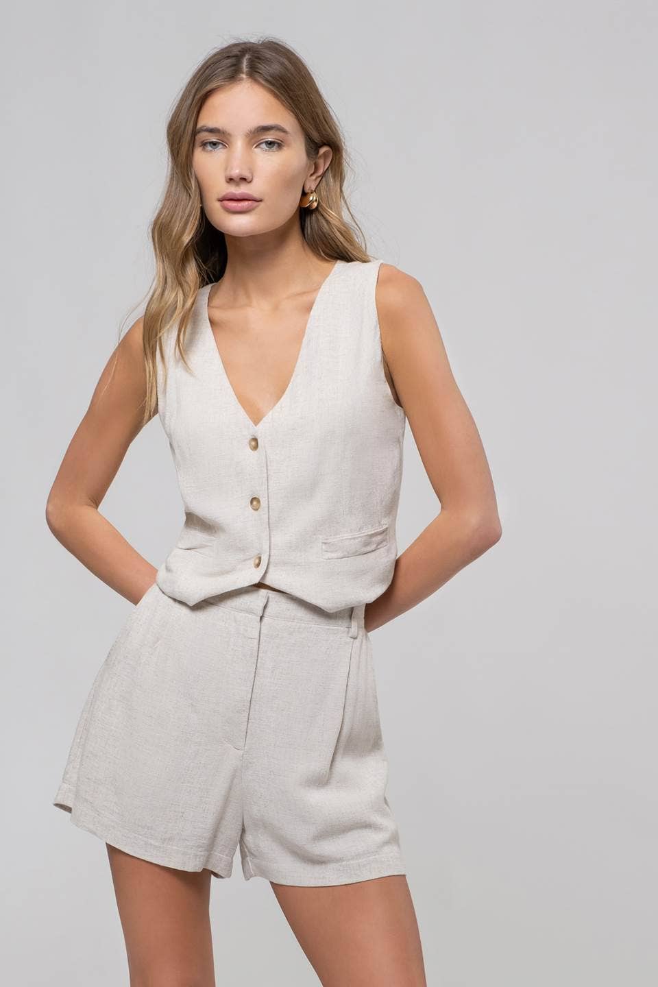 LINEN HIGH ELASTIC WAIST CHINO SHORTS