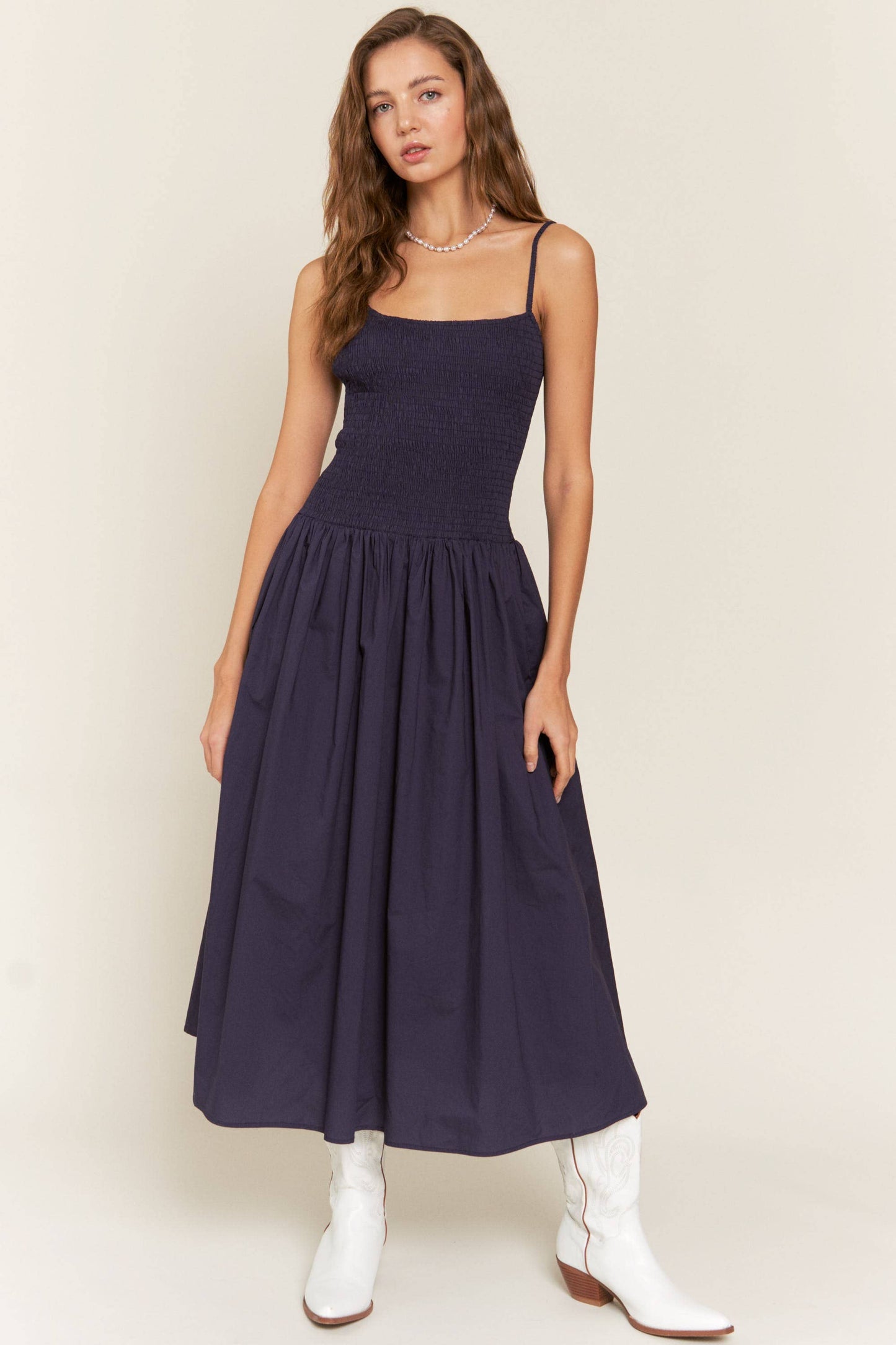 Smocked Boho Navy Midi-Dress
