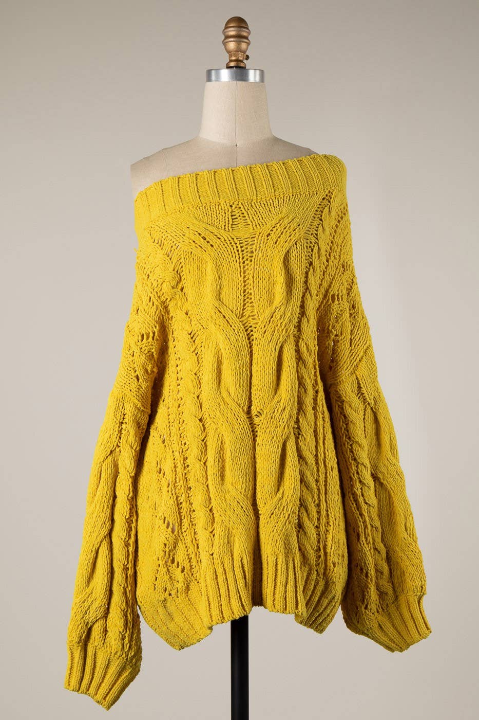 Boat Neck Braid Cable Knit Chenille Tunic Sweater