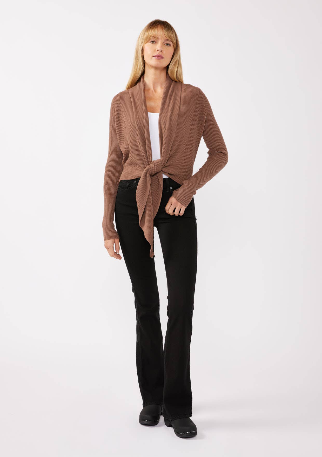 Waffle Knit Long Sleeve Tie Front Cardigan