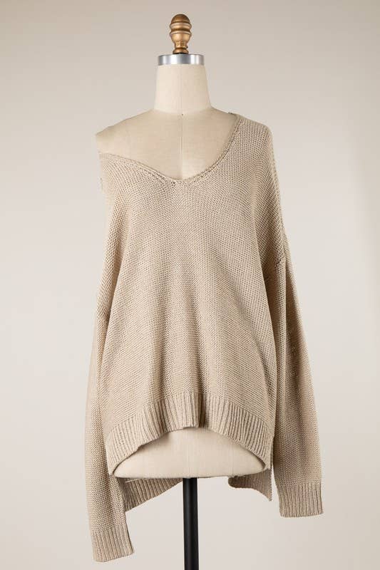 V Neck Ribbed Trim Cable Knit Light Sweater