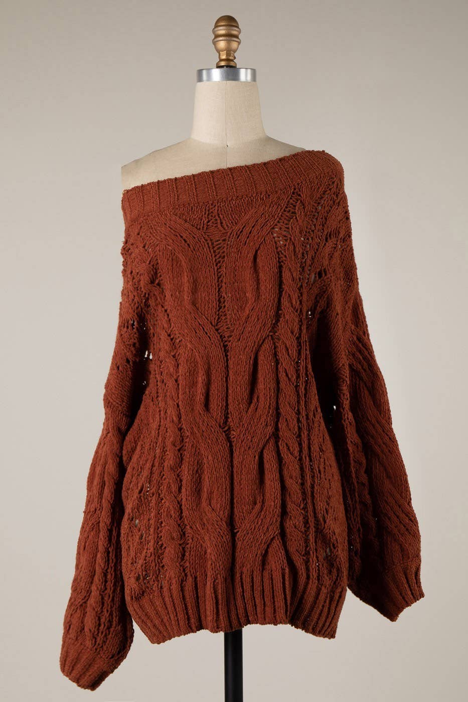 Boat Neck Braid Cable Knit Chenille Tunic Sweater