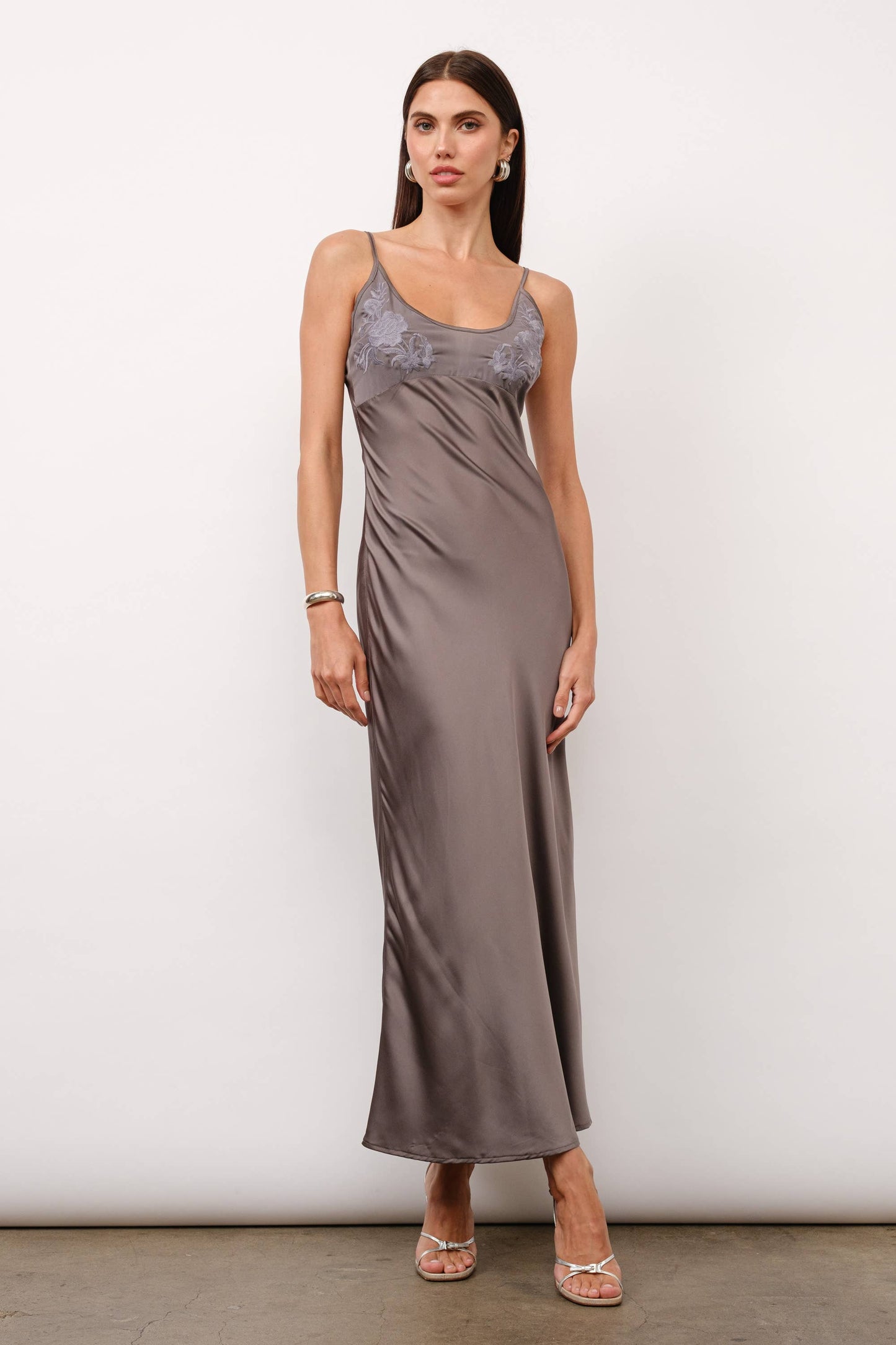 Zaria Embroidery Satin Slip Dress - Charcoal