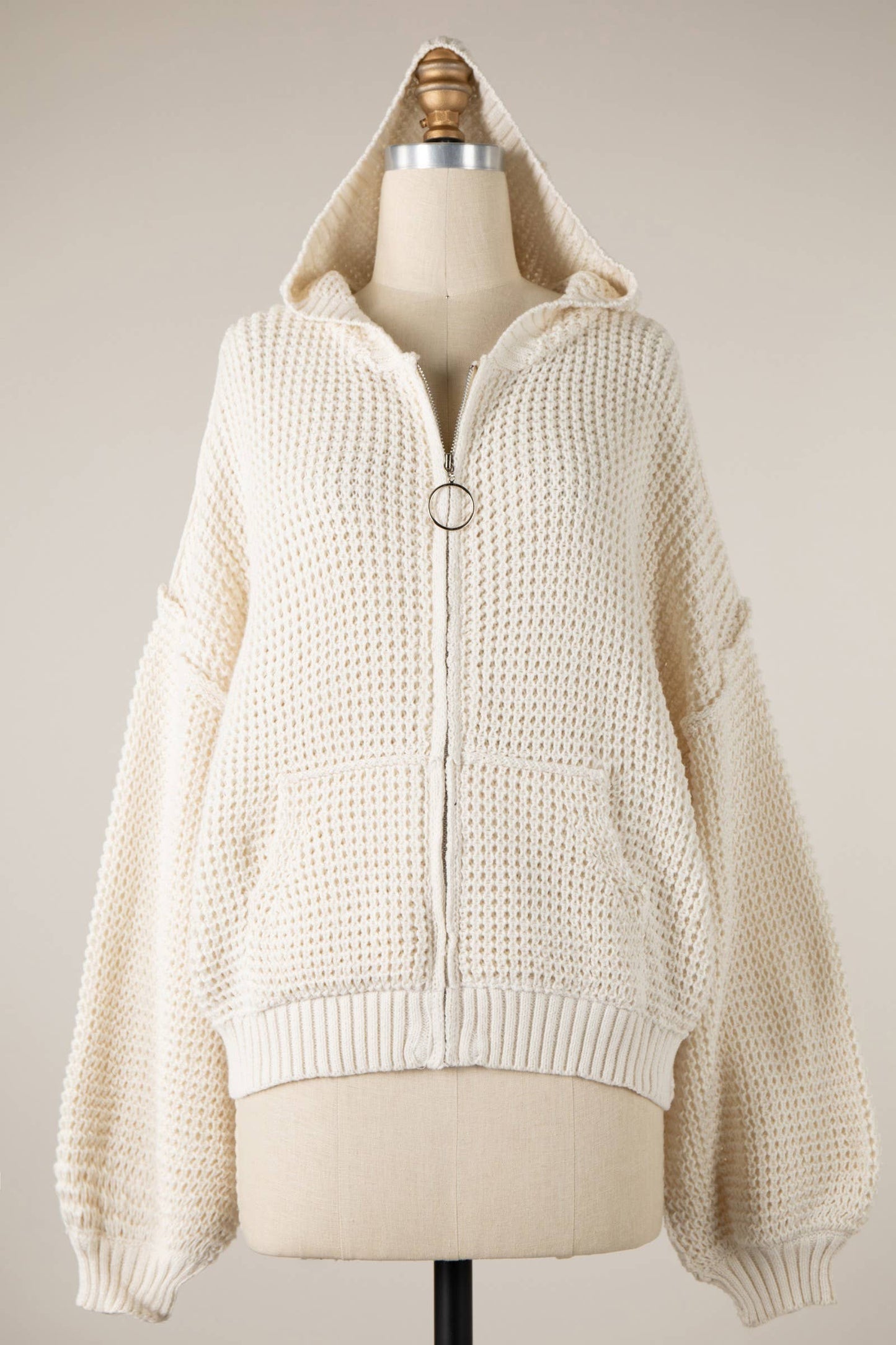 ZIP UP CABLE KNIT HOODIE SWEATER TOP CARDIGAN