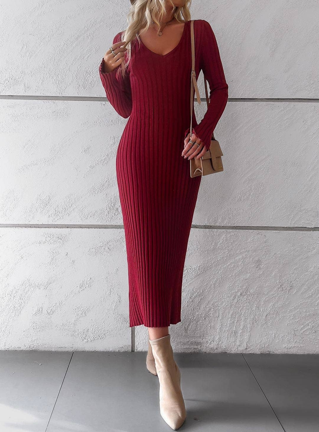 Ribbed long sleeve midi dress