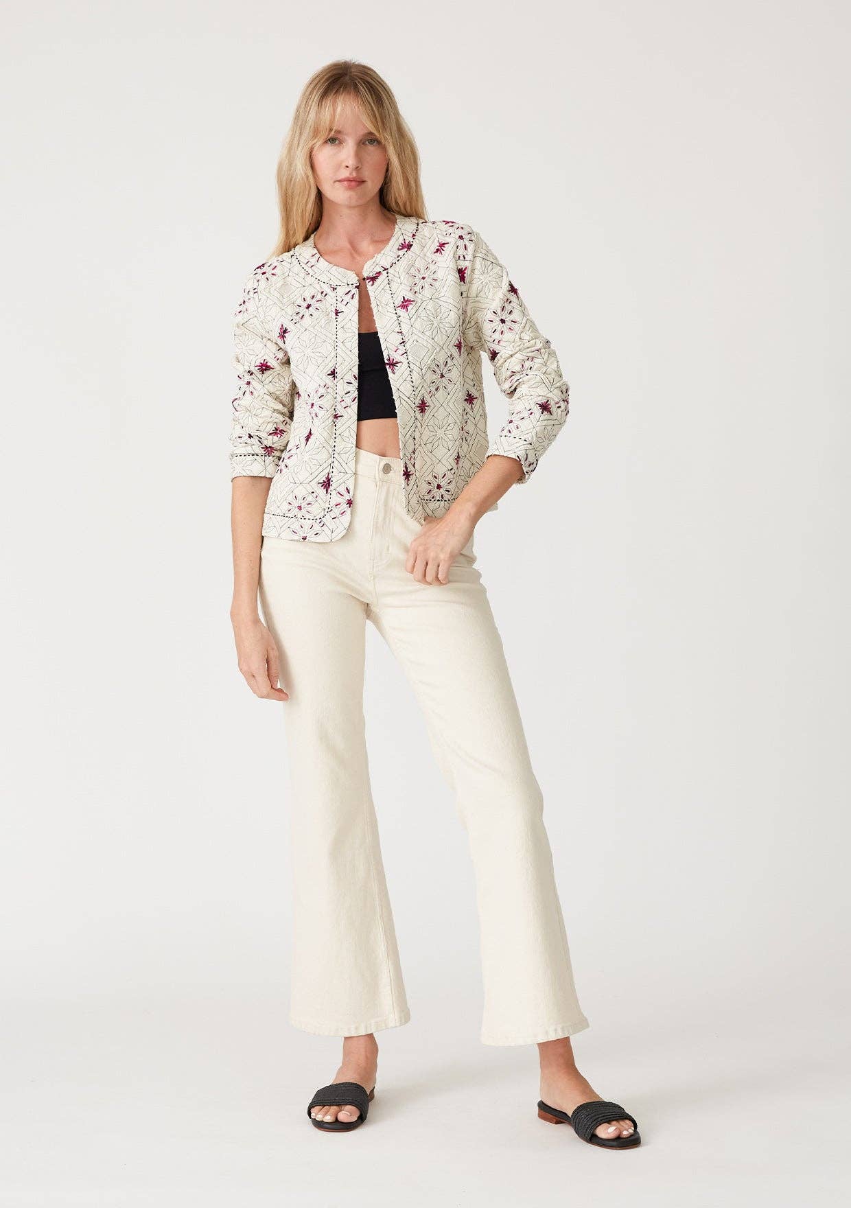 Cotton Embroidered Open Front Woven Jacket