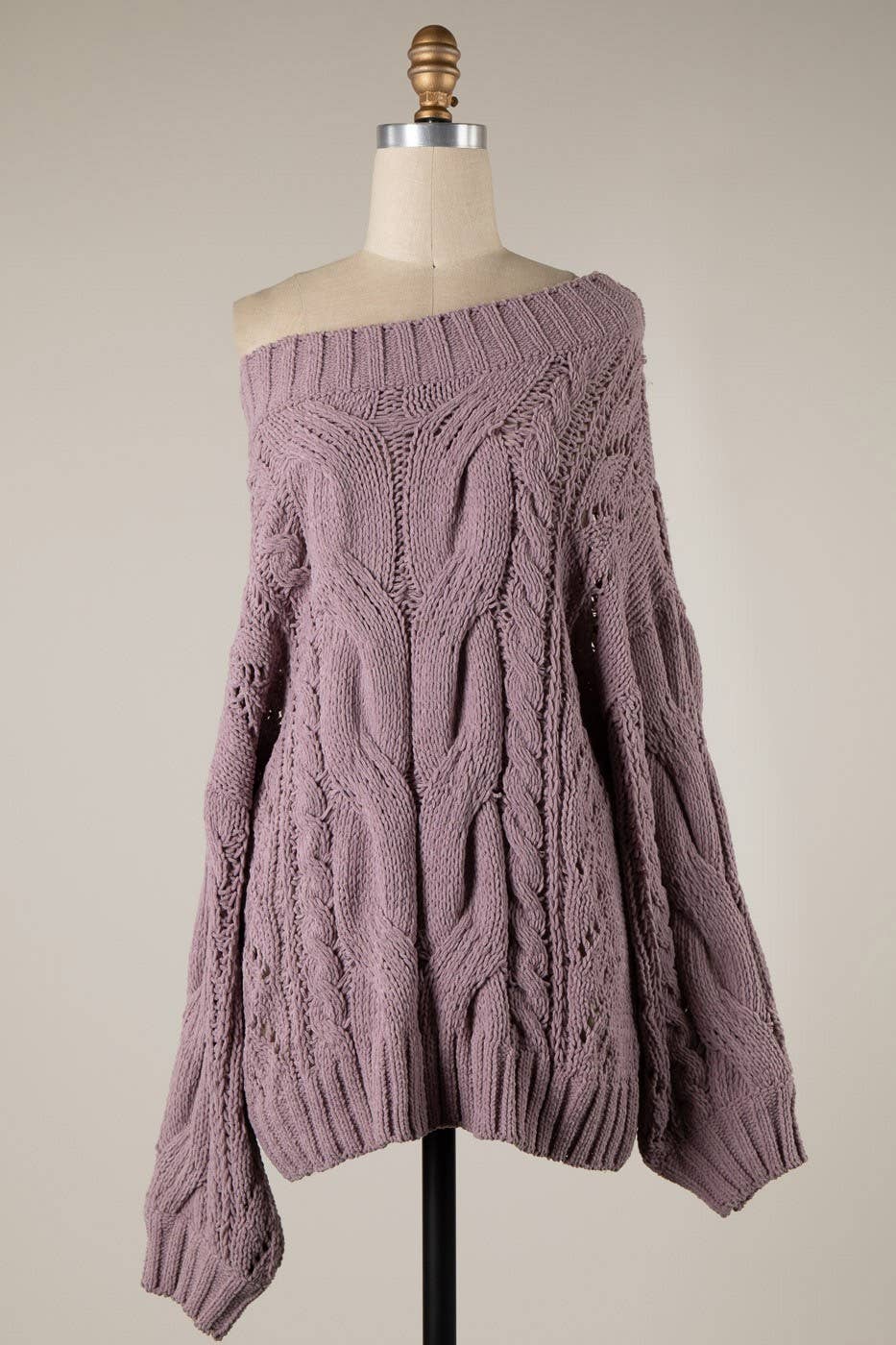 Boat Neck Braid Cable Knit Chenille Tunic Sweater