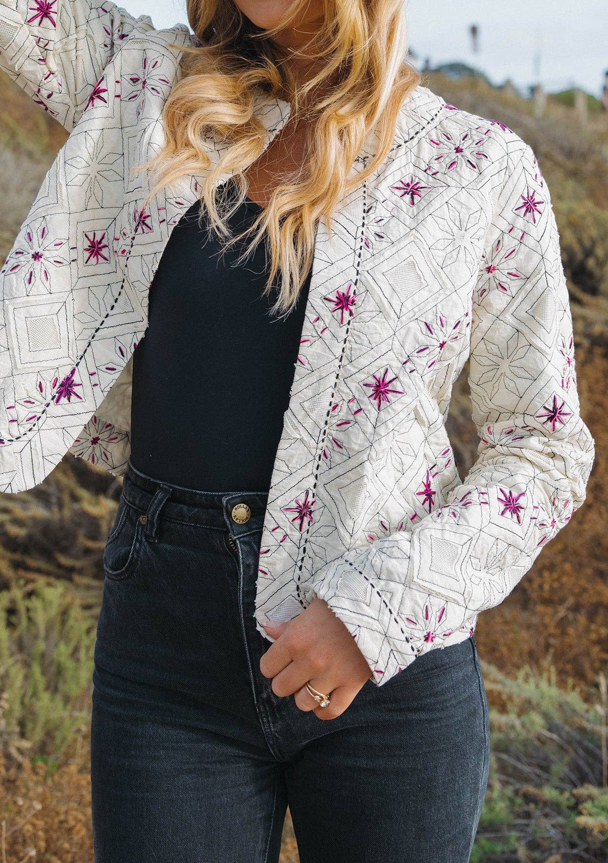 Cotton Embroidered Open Front Woven Jacket