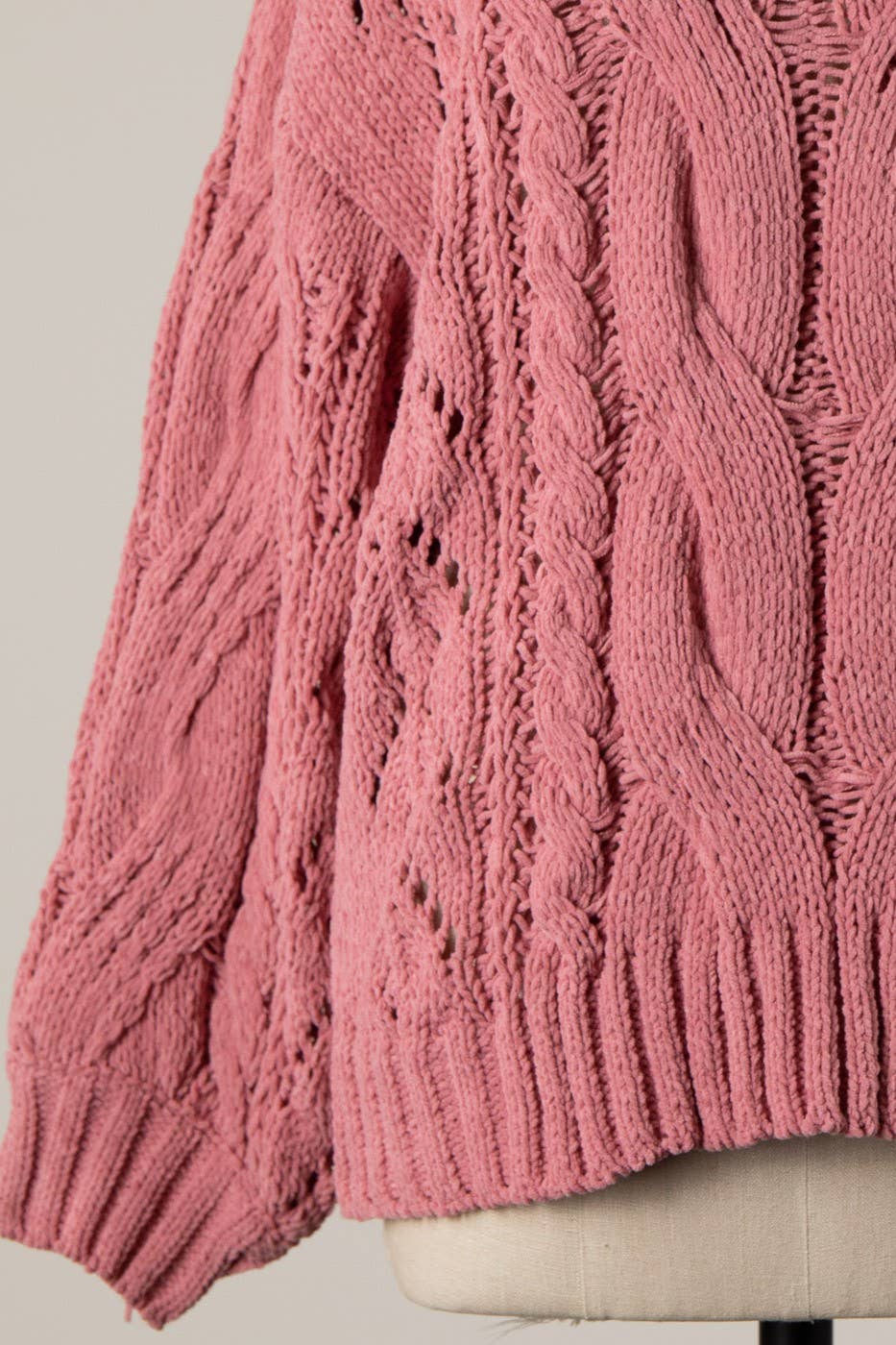 Boat Neck Braid Cable Knit Chenille Tunic Sweater
