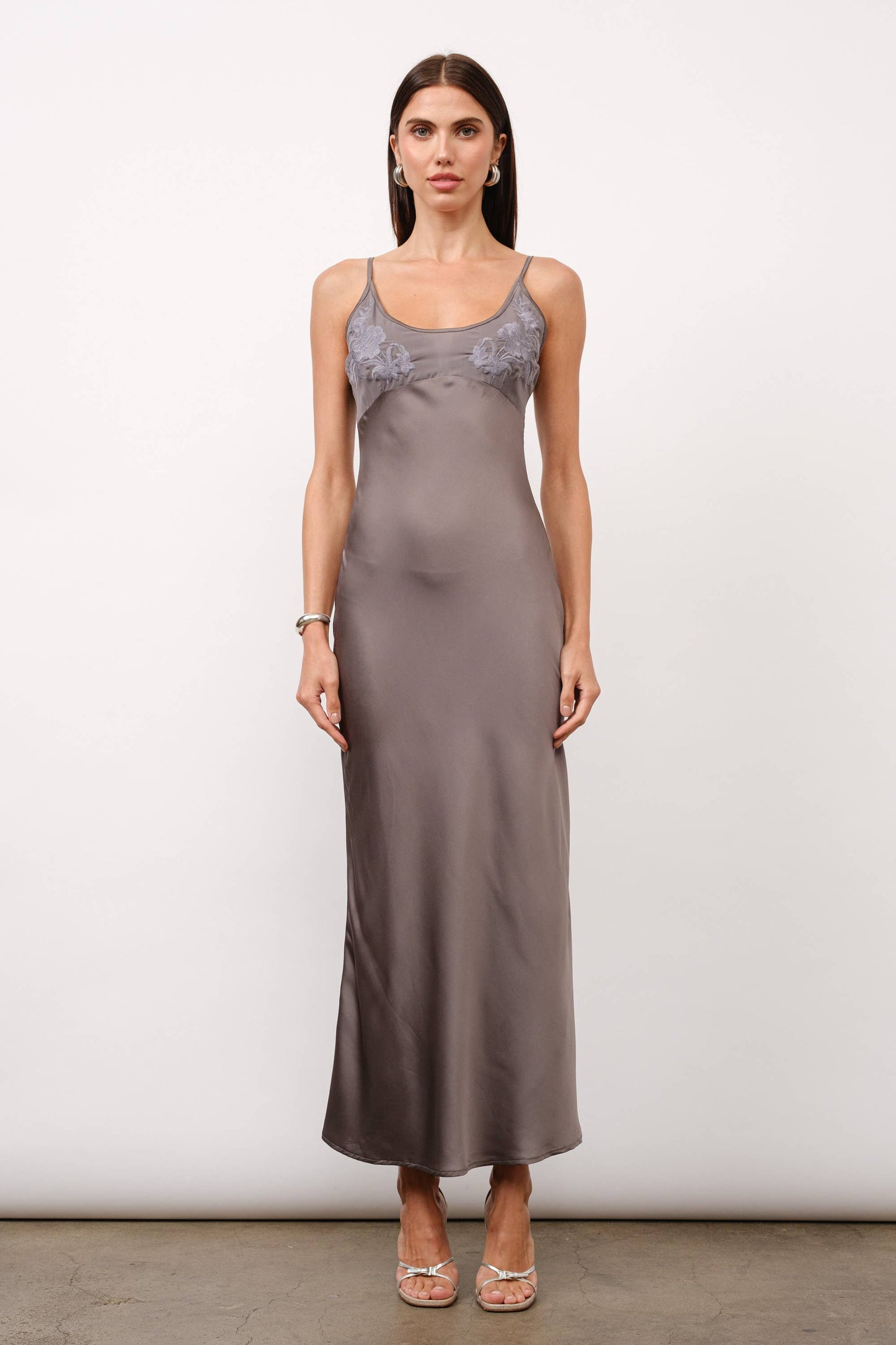 Zaria Embroidery Satin Slip Dress - Charcoal
