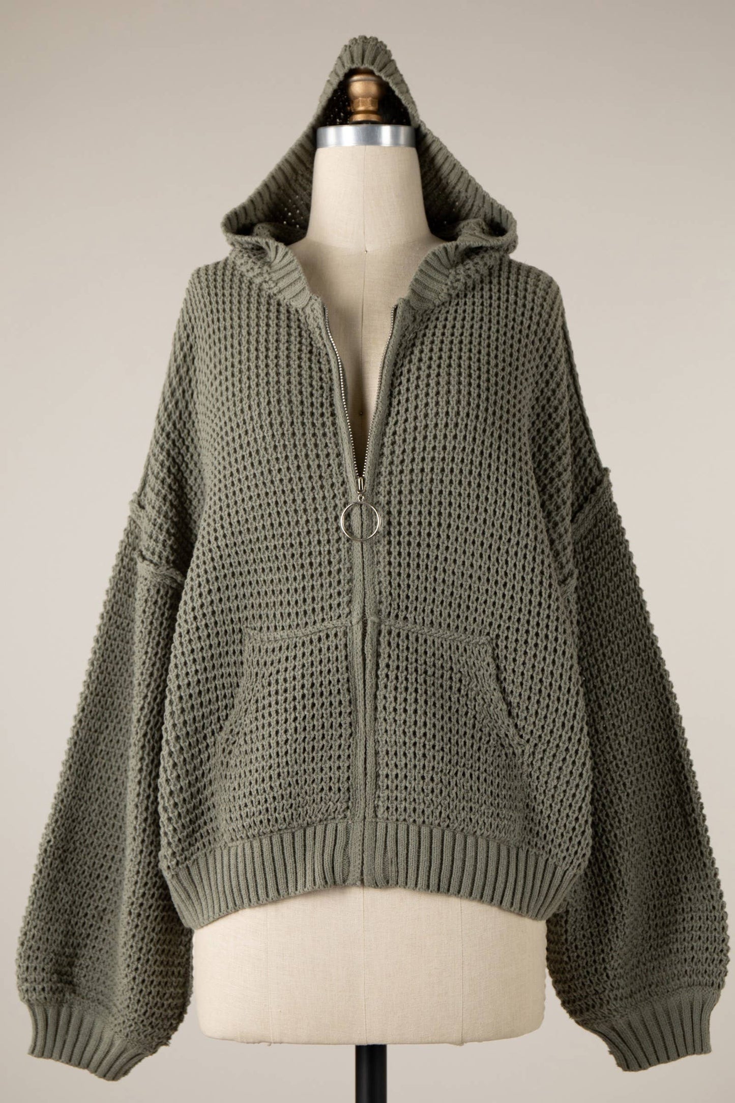 ZIP UP CABLE KNIT HOODIE SWEATER TOP CARDIGAN