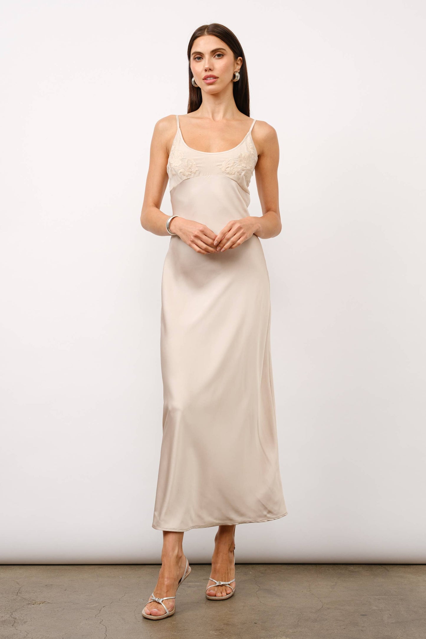 Zaria Embroidery Satin Slip Dress - Ivory