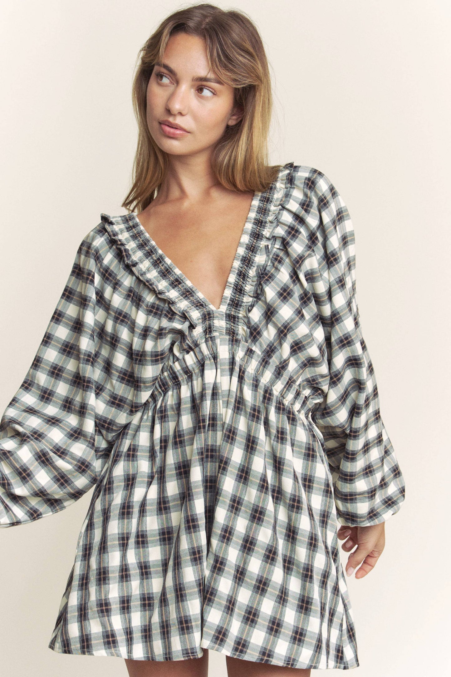 PLAID DEEP V KIMONO SLEEVE ROMPER