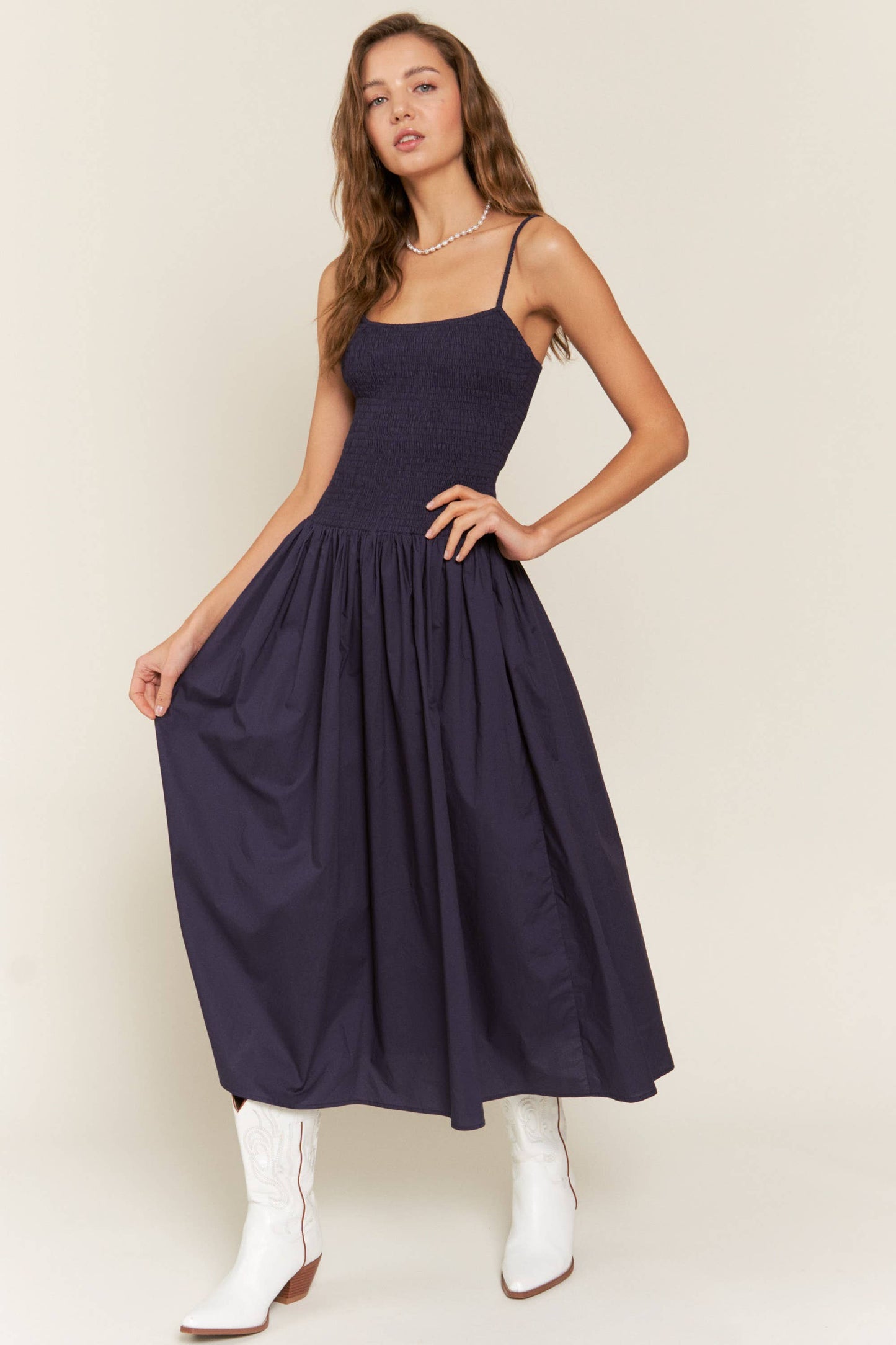 Smocked Boho Navy Midi-Dress