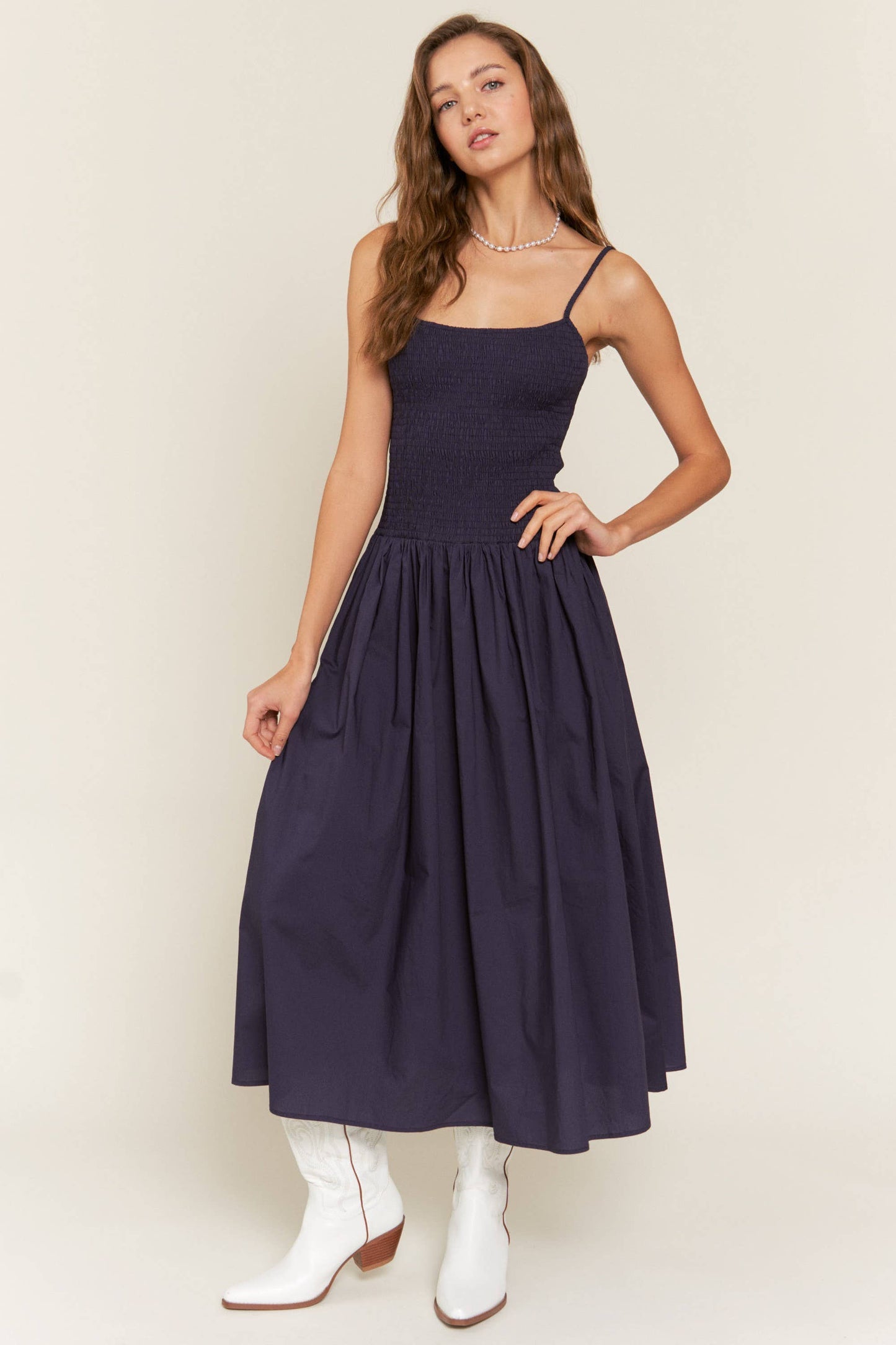 Smocked Boho Navy Midi-Dress