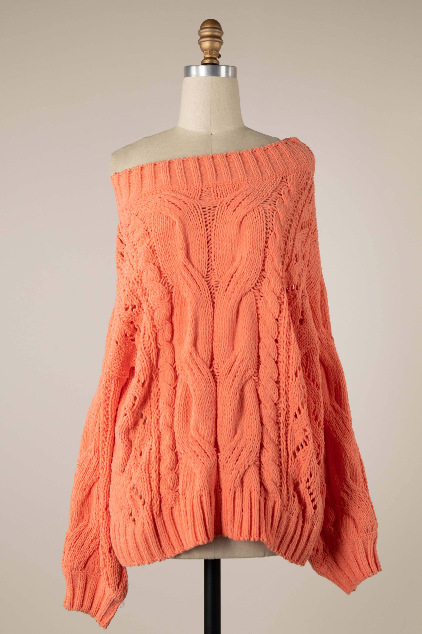 Boat Neck Braid Cable Knit Chenille Tunic Sweater
