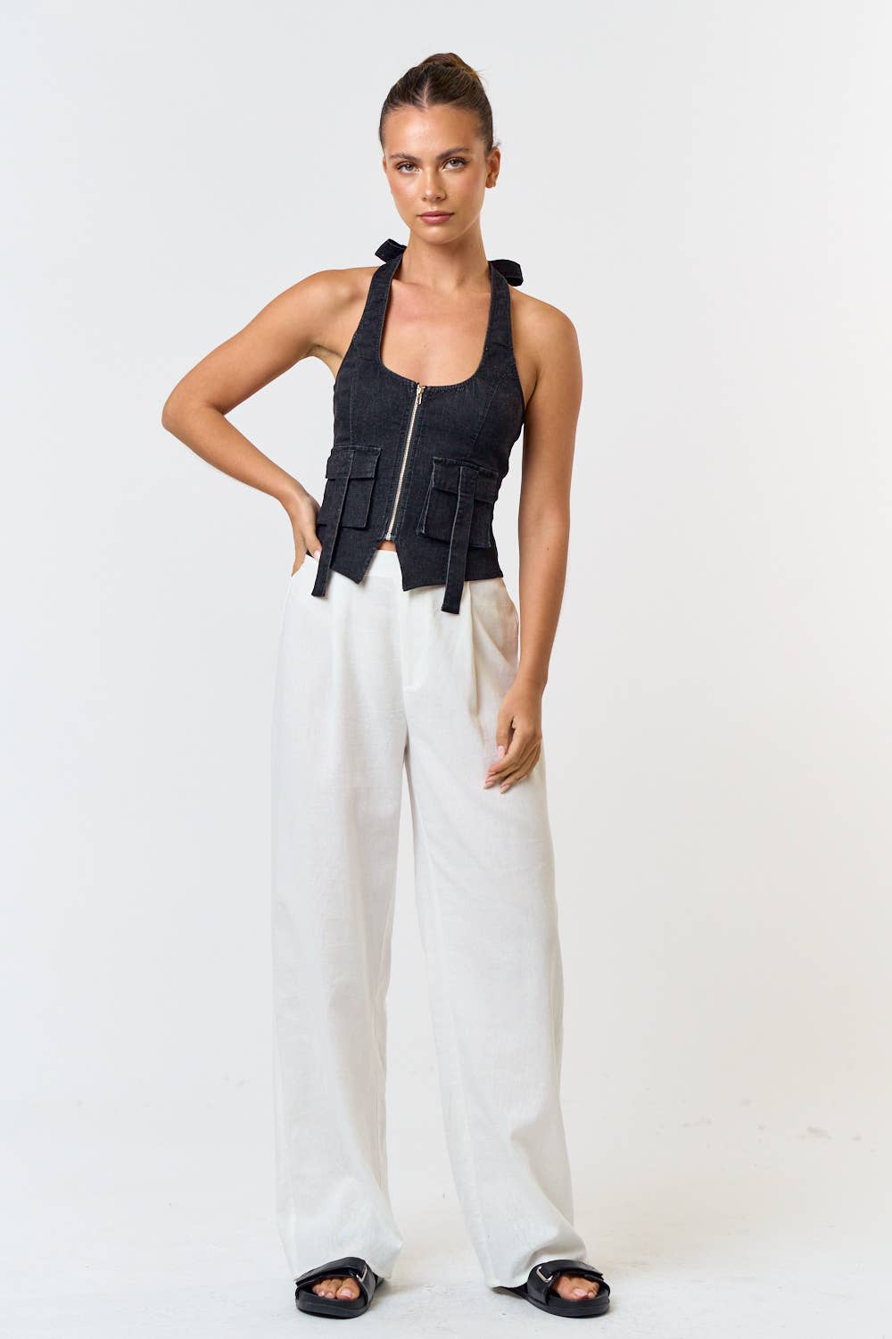 STRETCH DENIM HALTER TIE FRONT ZIP CARGO TOP