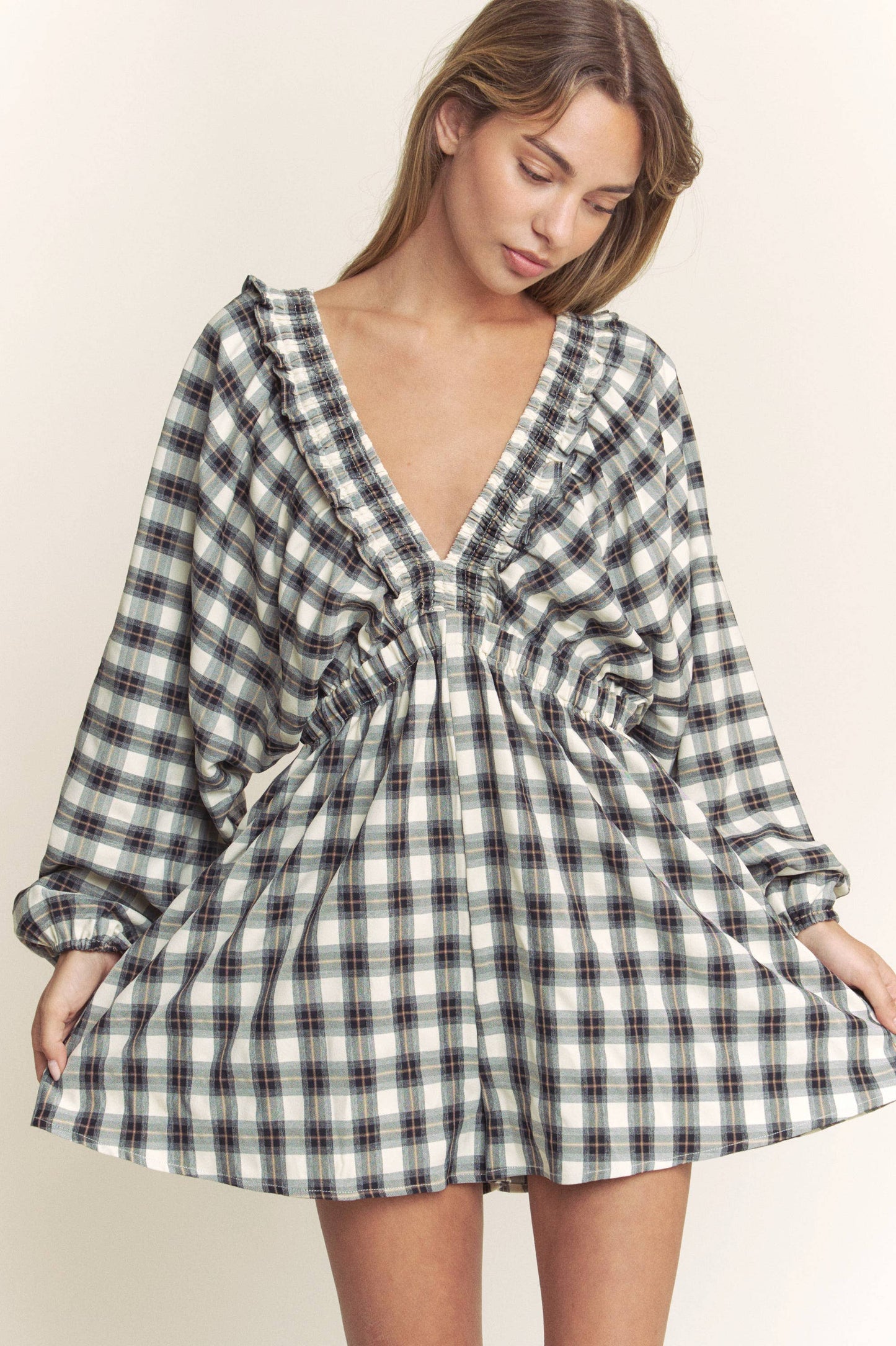 PLAID DEEP V KIMONO SLEEVE ROMPER