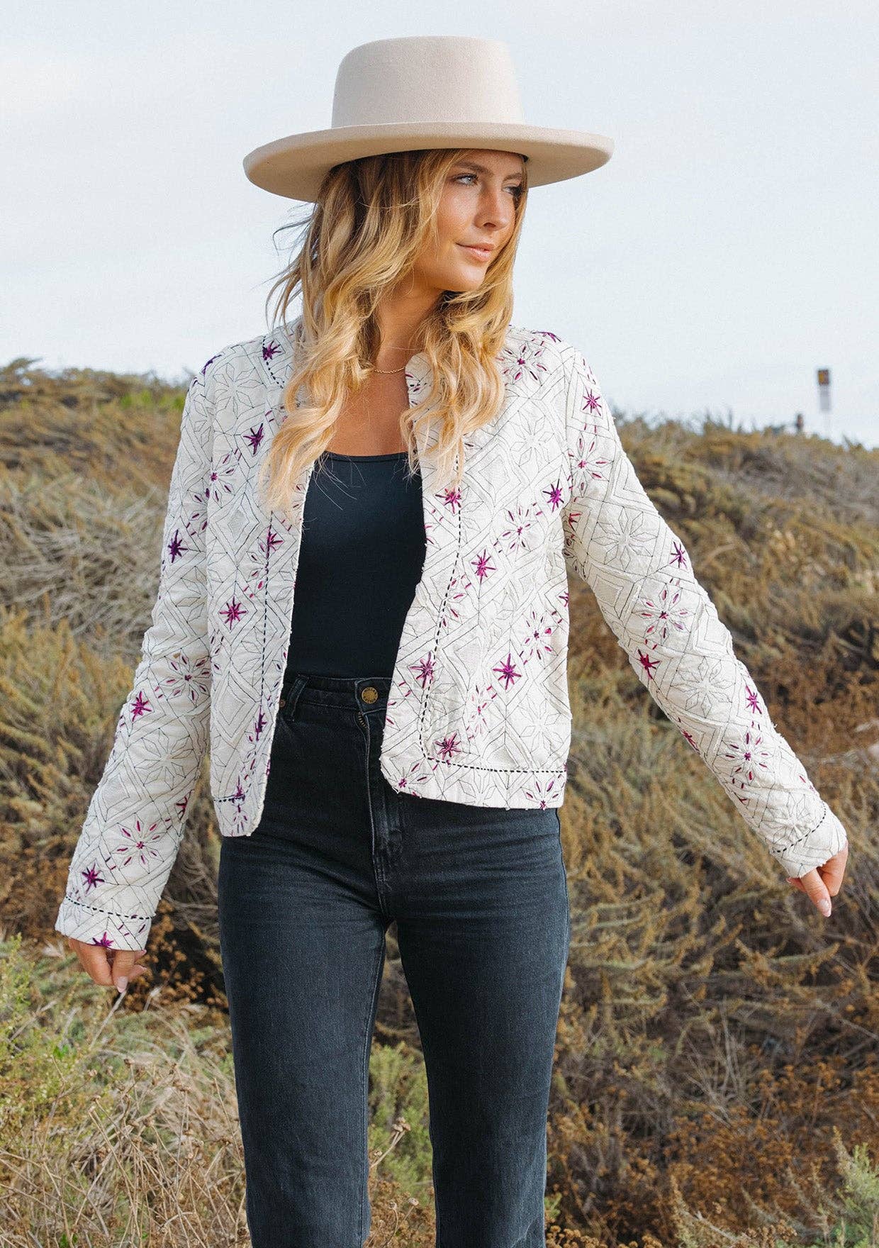 Cotton Embroidered Open Front Woven Jacket