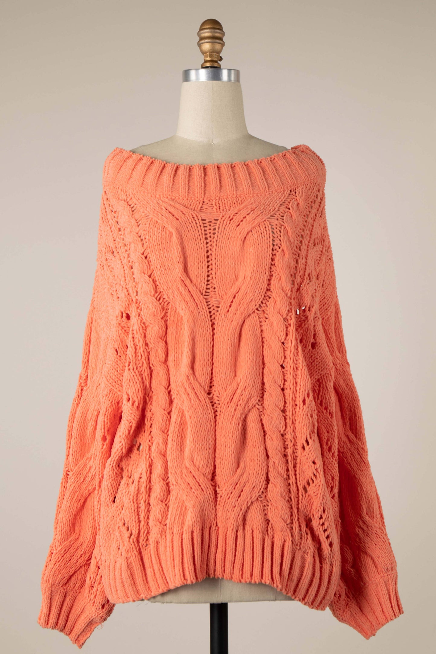 Boat Neck Braid Cable Knit Chenille Tunic Sweater