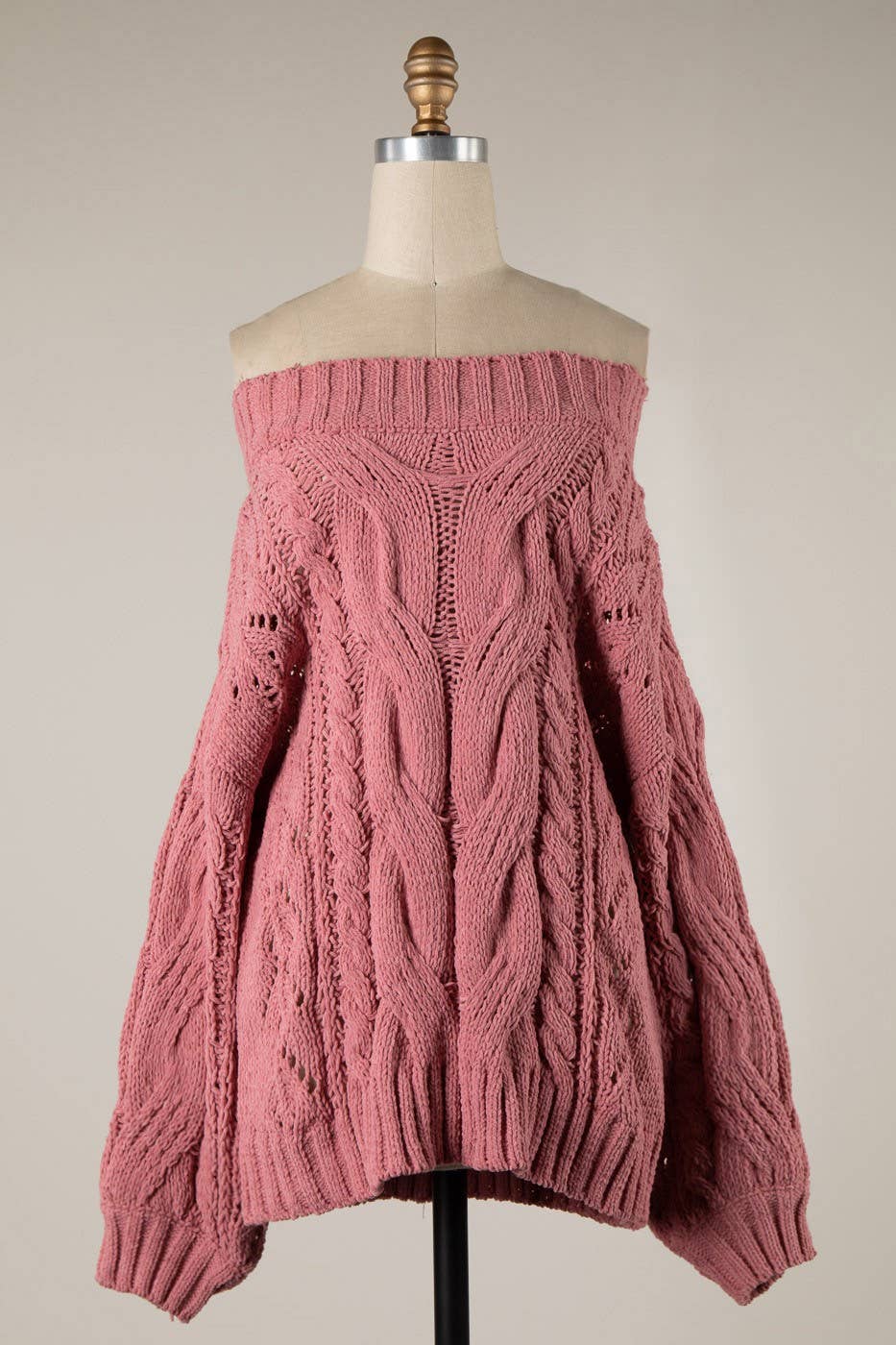 Boat Neck Braid Cable Knit Chenille Tunic Sweater