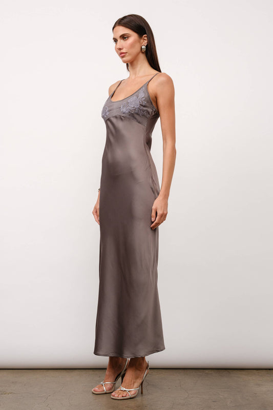 Zaria Embroidery Satin Slip Dress - Charcoal