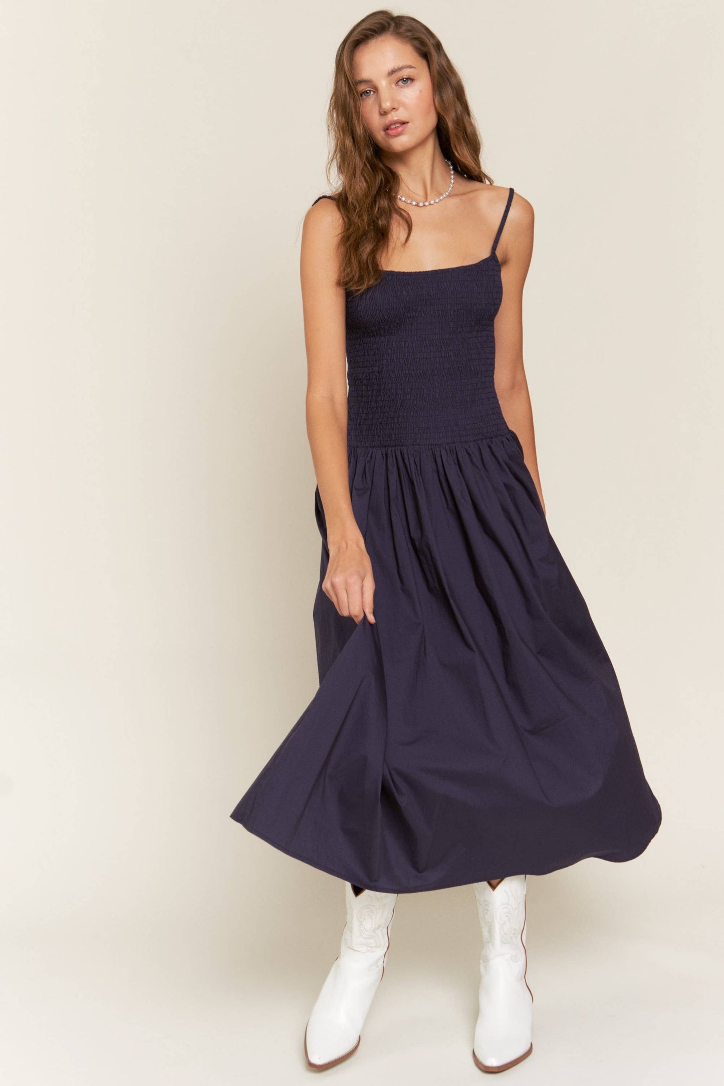 Smocked Boho Navy Midi-Dress