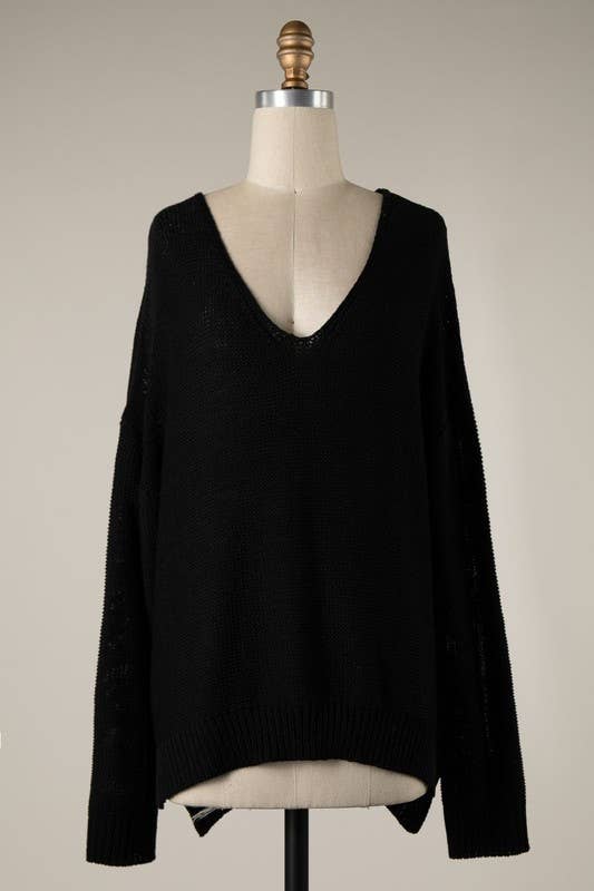 V Neck Ribbed Trim Cable Knit Light Sweater