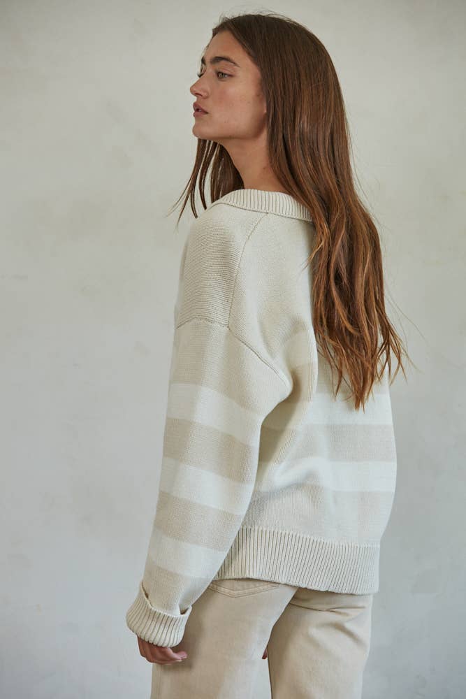 W1538 | Knit Striped Collar V-Neck Long Sleeve Pullover Top