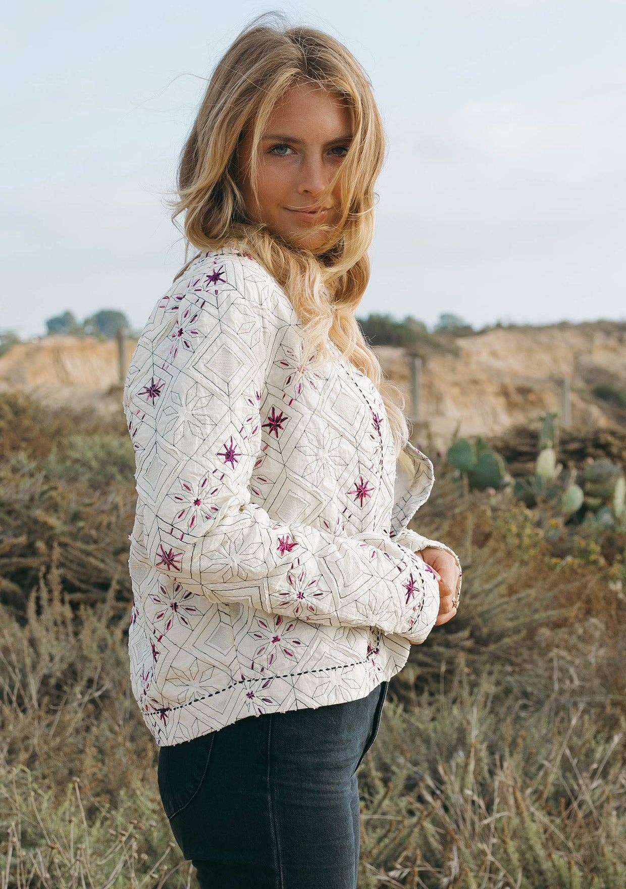 Cotton Embroidered Open Front Woven Jacket