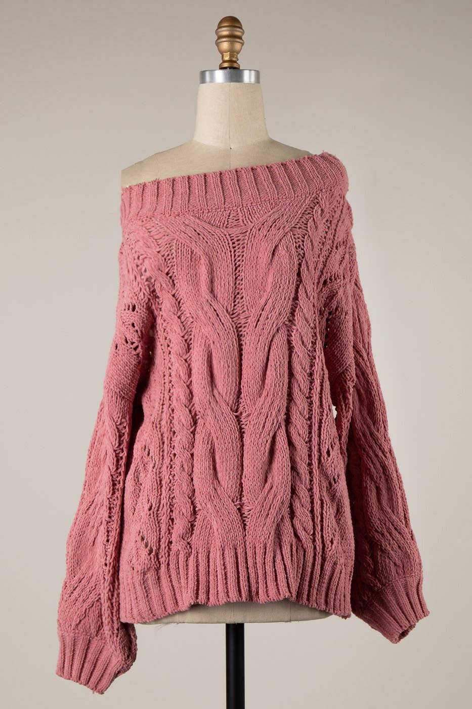 Boat Neck Braid Cable Knit Chenille Tunic Sweater